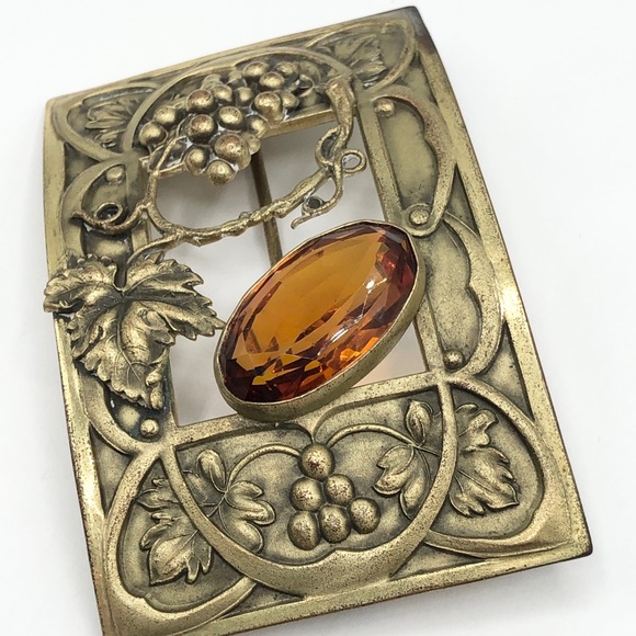 Antique Art Nouveau Glass Grape Vine Sash Pin Brooch - Picture 4 of 6